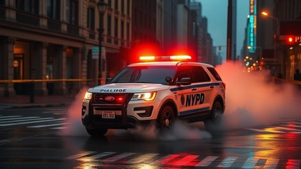 NYPD vehicle responding to urban scene, caution tape around.