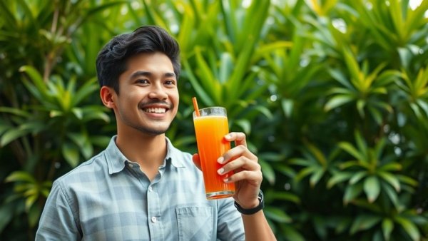 Man holding orange drink outdoors with lush foliage.