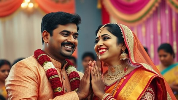 Traditional Indian wedding couple, celebrating in vibrant setting.