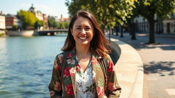 Woman by a river in a floral jacket enjoying a sunny day.