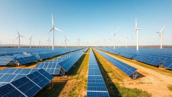 Solar and wind energy landscape symbolizing economic growth without emissions.