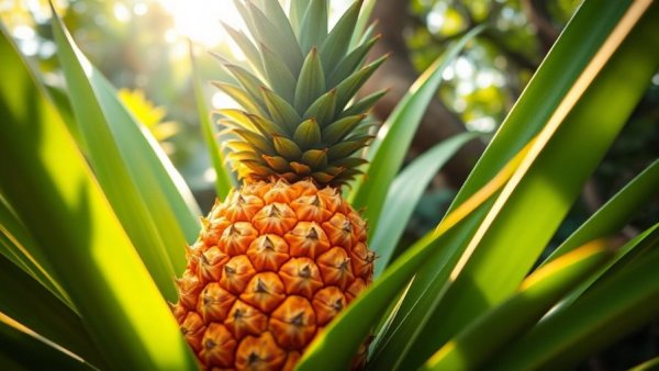 Unripe pineapple in a tropical forest, vibrant greenery, close-up view.