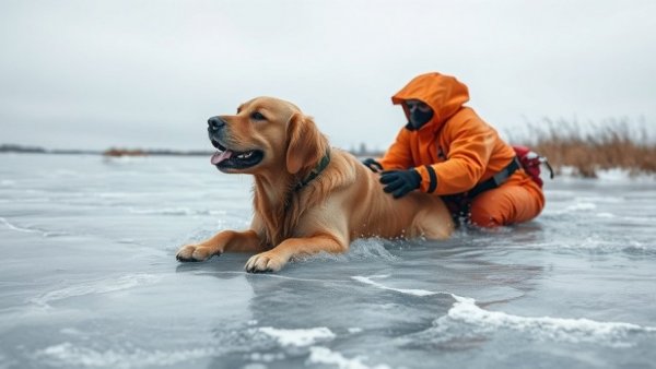 Naughty Golden Retriever rescued from icy lake by heroic rescuer.