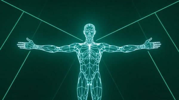 Wireframe human figure as leadership metaphor, Vitruvian pose.