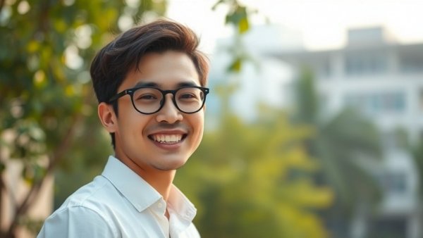 Young man smiling outdoors, wearing glasses and a white shirt.