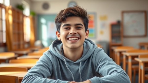 Smiling student in classroom, seated at desk, vibrant setting.