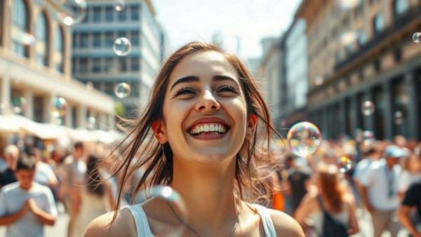 Joyful woman with bubbles in urban square, societal moral decline research