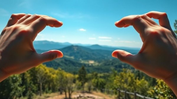 Hands framing landscape representing setting intentions.