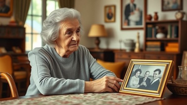 Elderly woman reminiscing with a photo in a cozy room, focused on acts of kindness for seniors on Christmas.