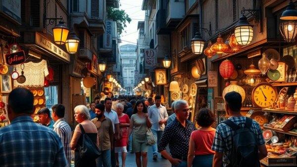 Vibrant Chor Bazaar in India with shoppers browsing antiques.