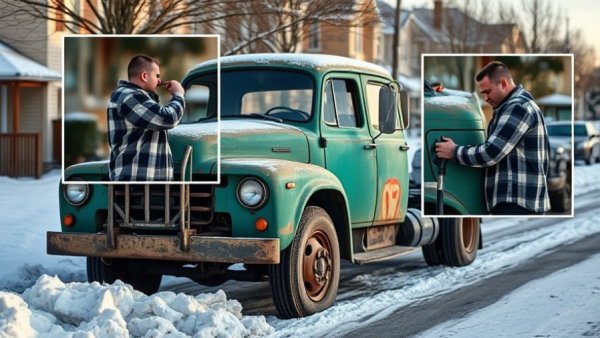 Rustic truck damage, community support, refueling with help.