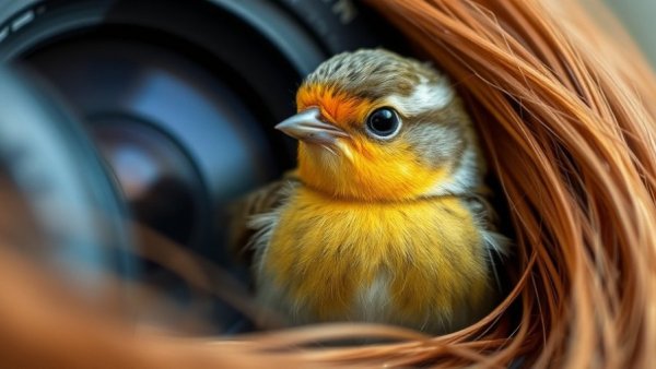 Small bird snuggles against camera for warmth, close-up view.
