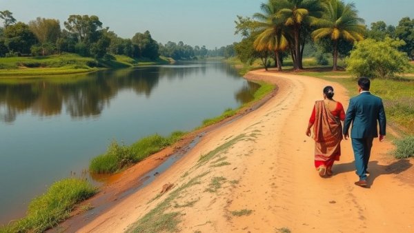 Sot River rejuvenation: rural scene of riverbank and people on path.