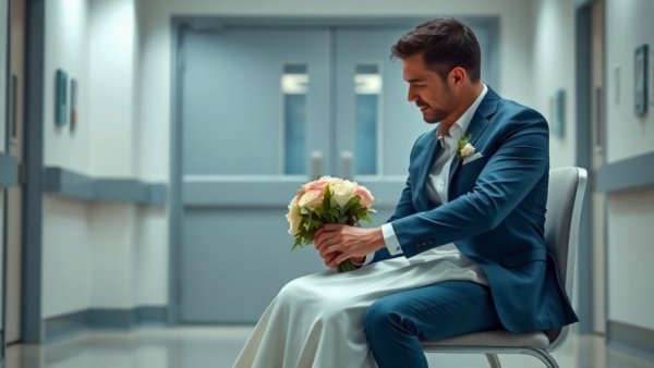 Heartfelt hospital wedding, couple seated in hospital holding hands.
