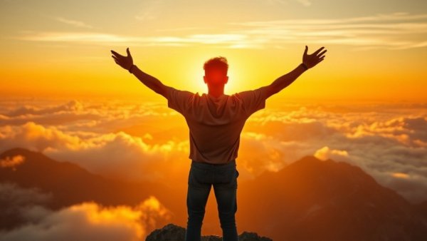 Man celebrating positive business news at sunrise amid clouds.