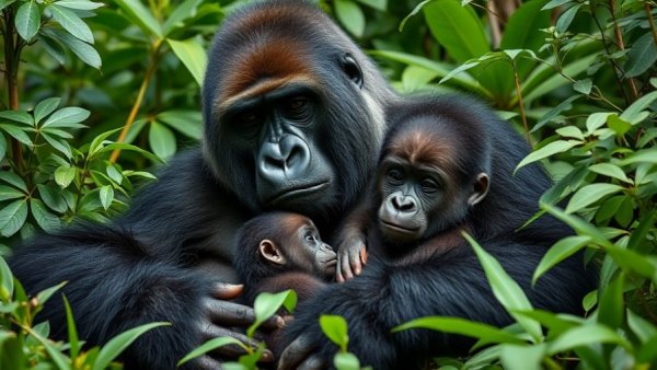 Mountain gorilla with twin newborns in lush jungle, twin birth mountain gorillas.