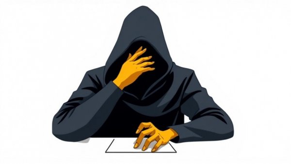 Minimalistic abstract figure with hood and golden hand.