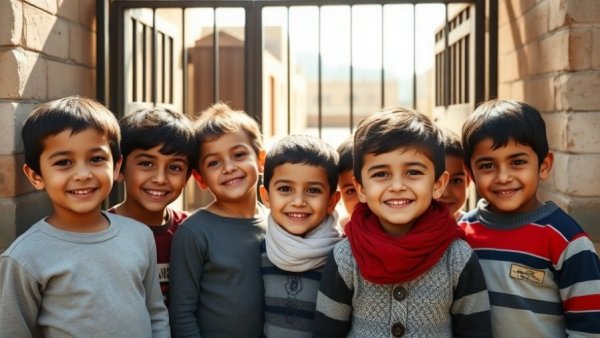 Syrian children smiling outside rebuilding school gate.