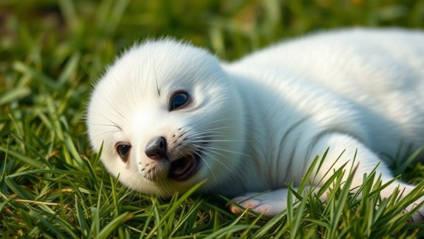 Adorable newborn seal pups joyfully playing on grass.