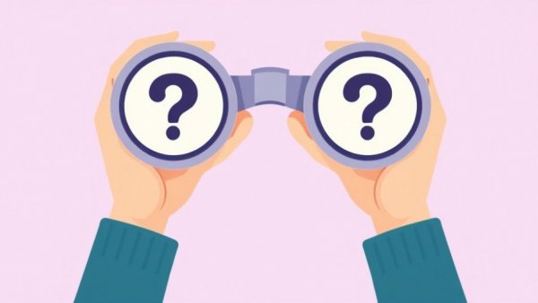 Illustration of binoculars with question marks representing curiosity.