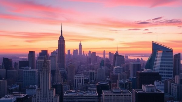 NYC skyline at twilight, reflecting a serene atmosphere, NYC crime drop 2025.