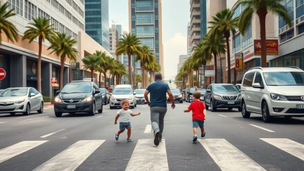 Person saving toddlers from traffic on a busy urban street.