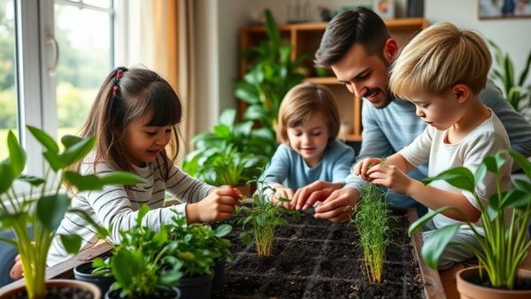 Family enjoying indoor gardening, a winter activity for kids