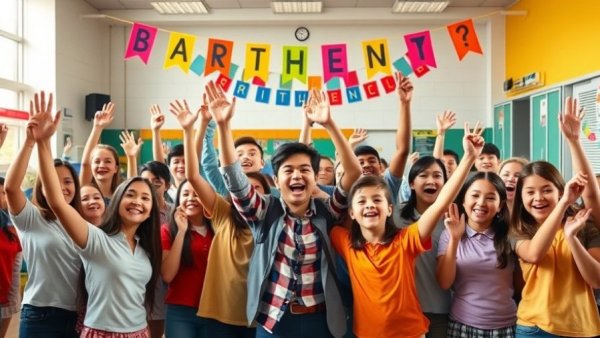 Cheerful students and teachers celebrating in a school, South Africa Literacy Crisis.