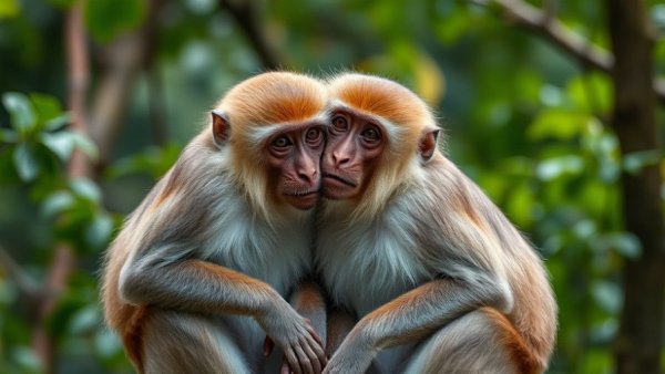 Two macaques sitting closely displaying bonding behavior in a forest.