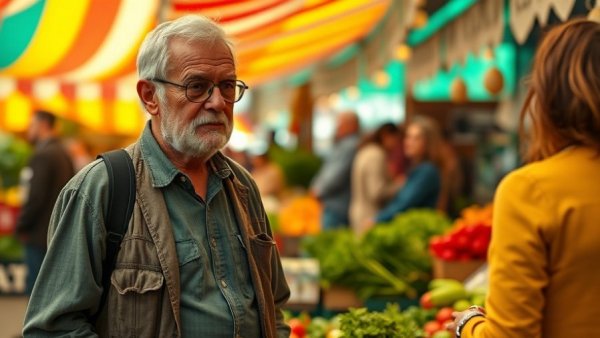 Elderly man at a farmers market stall supporting local produce vendors.
