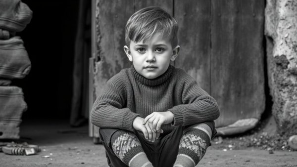 Young boy sitting with a thoughtful expression, vintage setting.