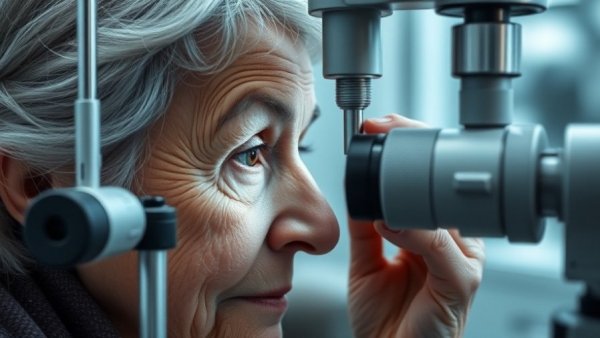 Elderly woman undergoing eye exam, photorealistic, good news in business.