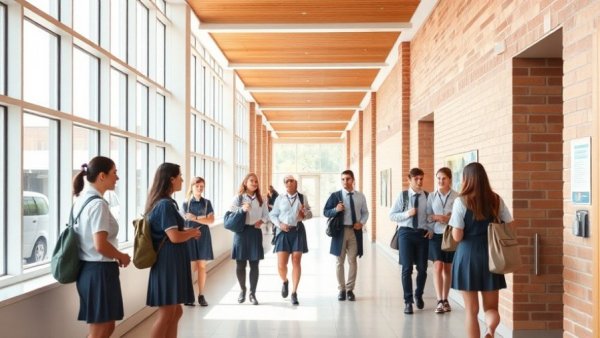 School hallway with students, highlighting accessibility for deaf people in UK.