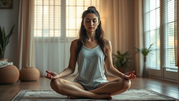 A peaceful woman practicing loving-kindness meditation indoors.