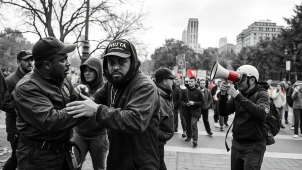 Activist in black and white arrest scene and modern protest, highlighting contrast.