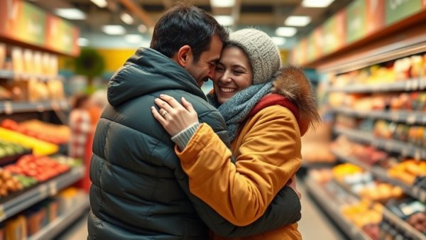 Lottery winner's joyful hug in a supermarket.