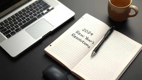 Notebook with New Year's resolutions list by a laptop and coffee cup, how to keep New Year's resolutions.