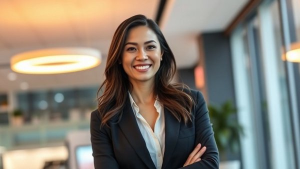 Professional woman smiling in modern office, neon sign in background.