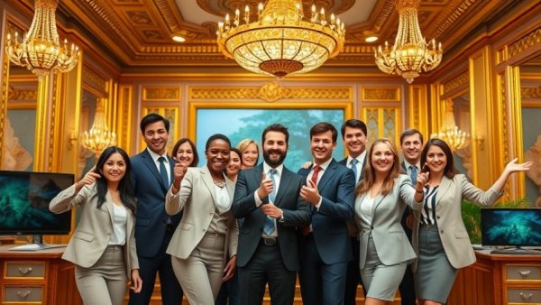 Shark Tank business professionals posing on elegant TV set with golden decor.