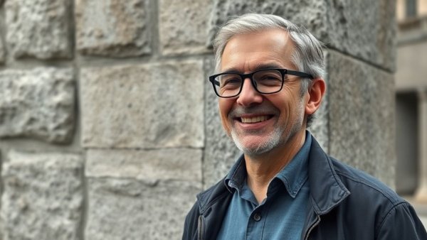Middle-aged man smiling in front of stone wall, urban background.