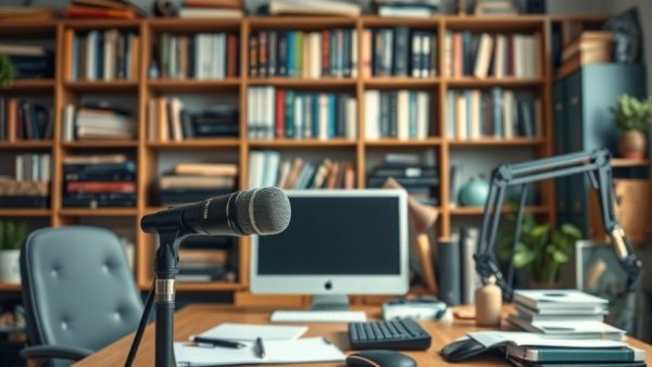 Online publisher home office setup with microphone and bookshelves.