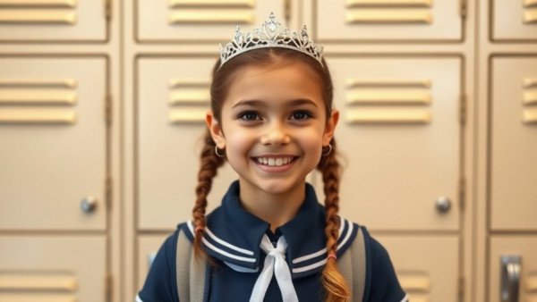 Young girl in uniform with tiara, posing confidently in front of lockers.
