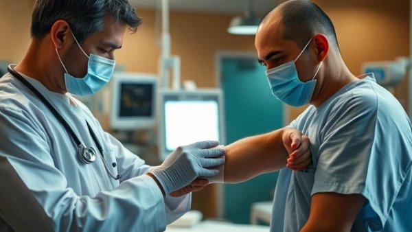 Masked doctor bandages patient after vaccine in clinic.