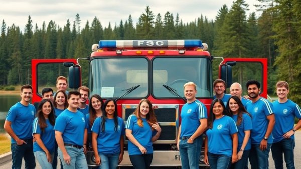 Burn survivor firefighter inspiration group posing by firetruck in nature.