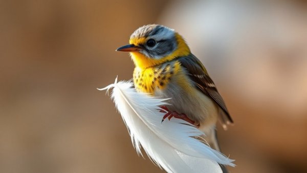 Forty-spotted pardalote holding a feather, highlighting its conservation.