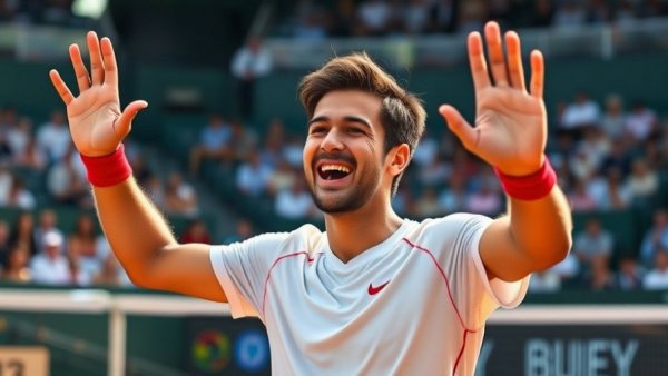 Cheerful tennis player waving during Australian Open match.