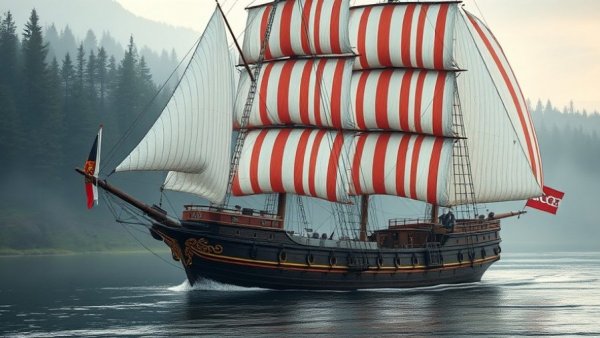 Largest Medieval Cargo Ship Discovery with expansive sails and flags on a river.