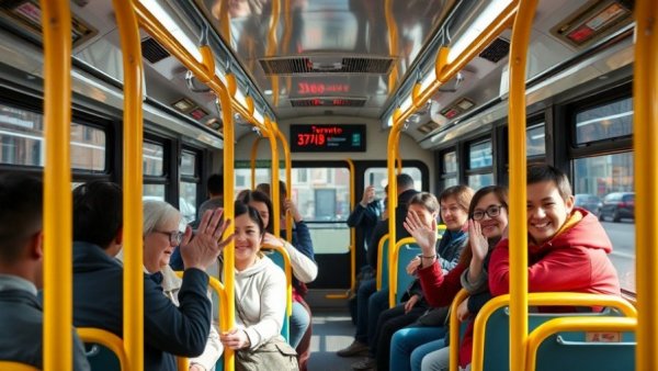 Toronto public transportation kindness scene with smiling passengers on a bus.