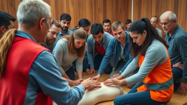 Emergency training in Kashmir: diverse participants learn CPR indoors.