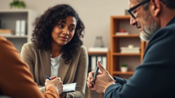 Counseling session image; focus on hand gestures and note-taking in 10-minute mental health clinic.